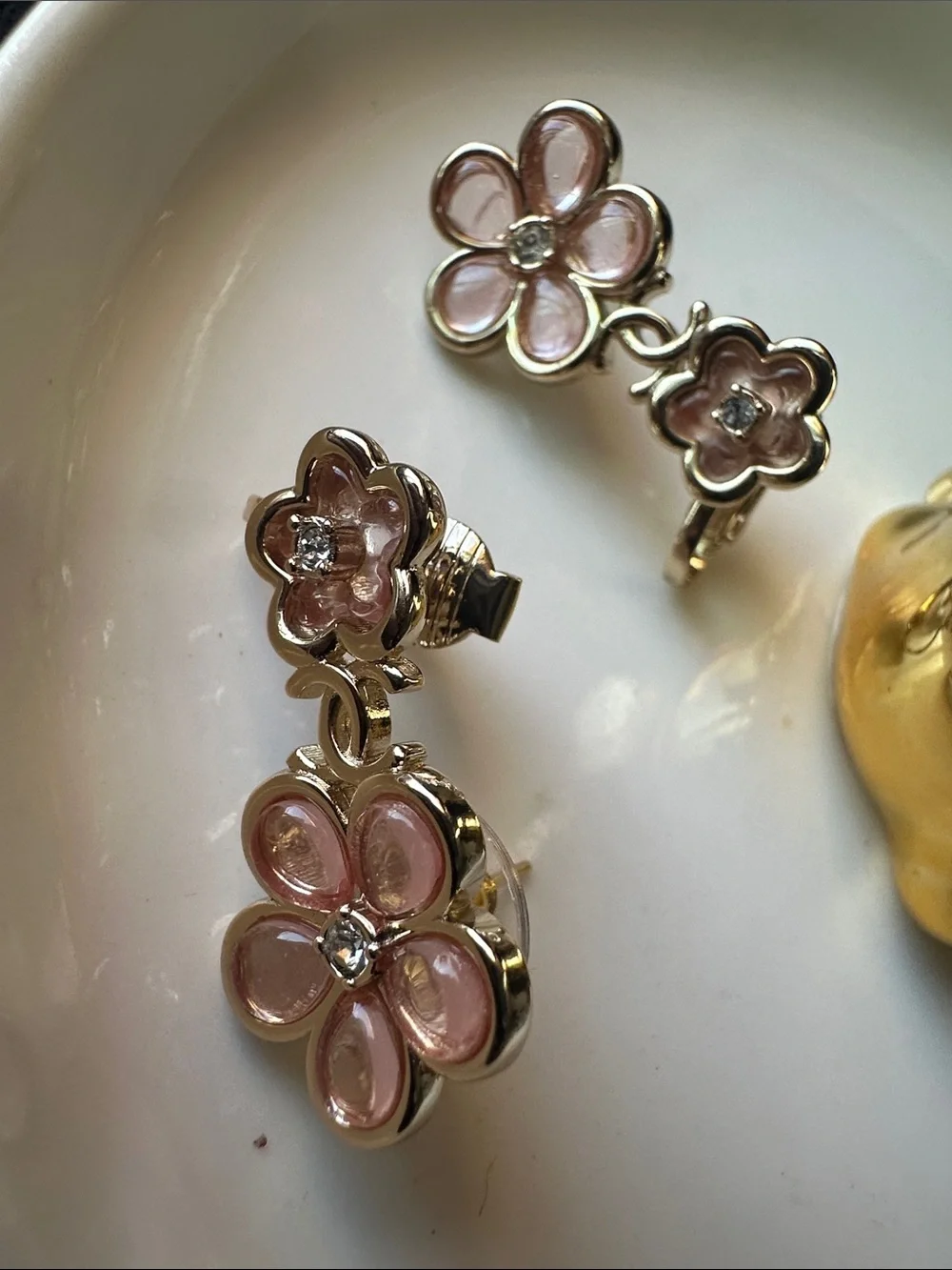 Like New- CHANEL Pink Floral Drop Earrings with Crystal Centers